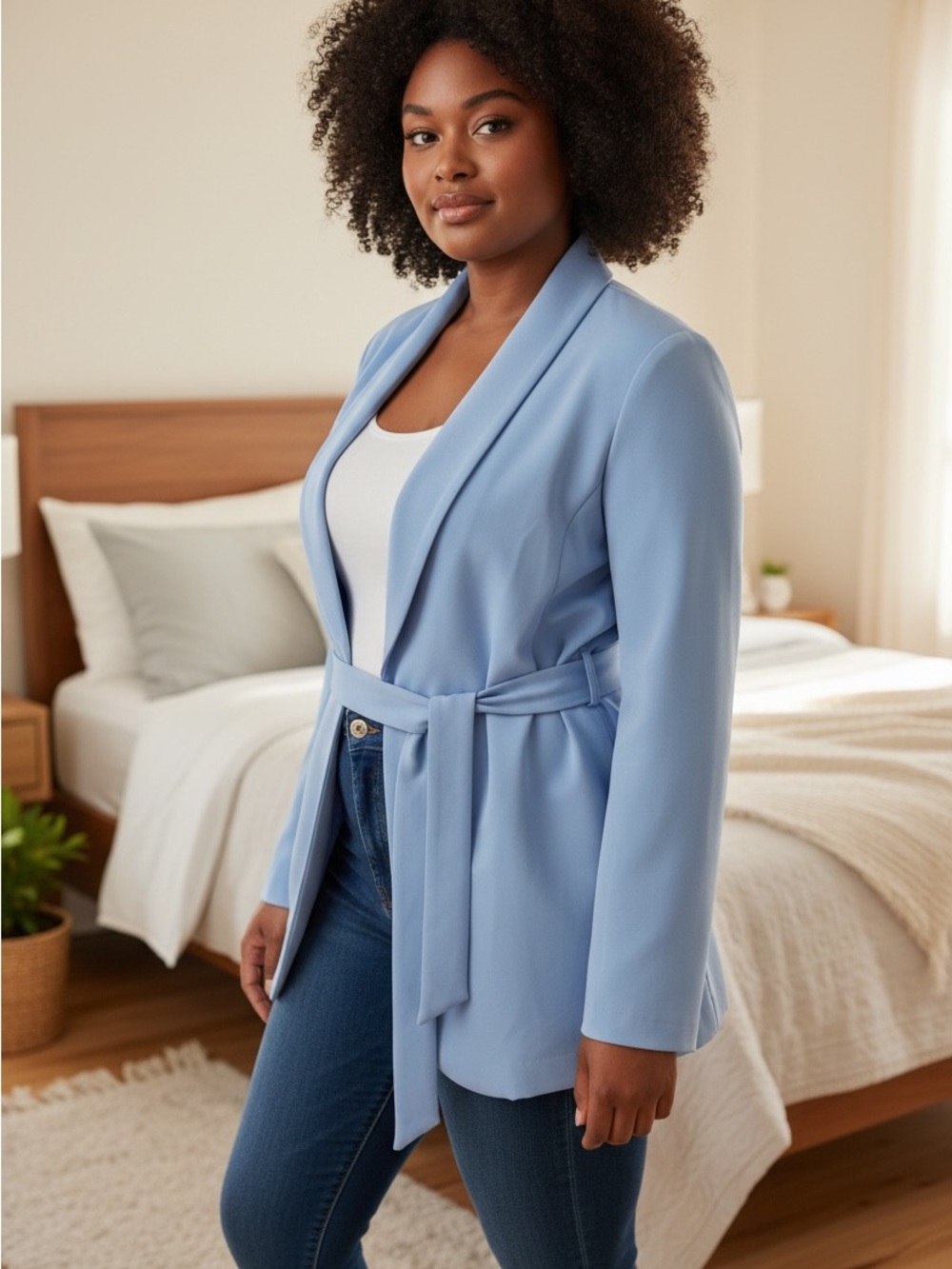 Light Blue Tie-Waist Blazer Jacket